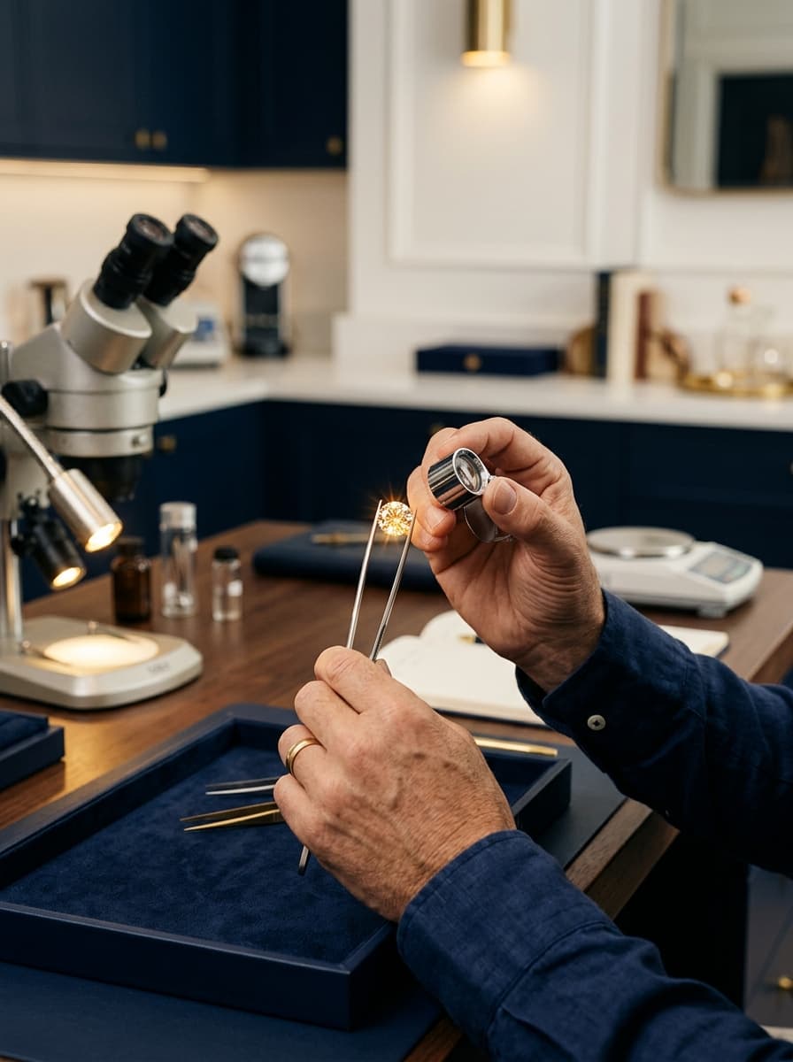 Master jeweler's hands carefully inspecting a spectacular round diamond in a pristine laboratory