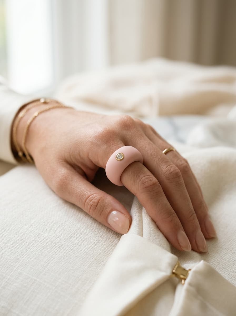 Feminine hand wearing a colorful Dazzler silicone diamond ring in a soft ivory setting