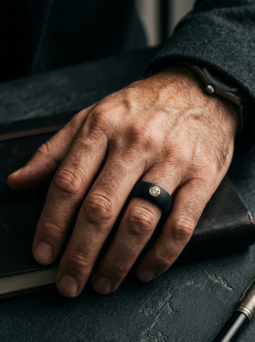 Masculine hand wearing a Dazzler matte black and navy silicone diamond ring