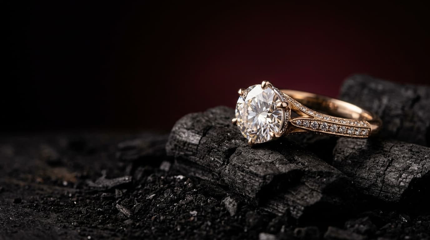 Cinematic photorealistic luxury handmade diamond ring resting on dark charcoal with champagne-gold highlights